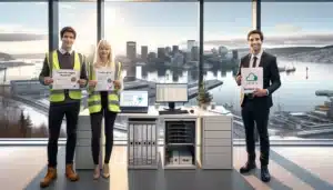 Diverse norwegian professionals show certifications in a modern oslo office