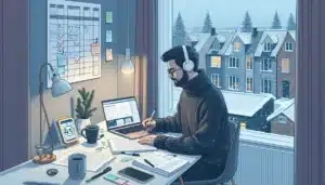 Norwegian adult student checking a study planner during a focused evening session