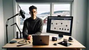 Norwegian course creator optimizing sales funnel in a minimalist oslo workspace