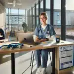 Norwegian nurse studying evu course beside hospital skills lab training scene