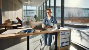 Norwegian nurse studying evu course beside hospital skills lab training scene