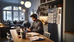 Norwegian parent studies at kitchen table while partner reads to children