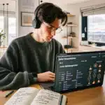 Norwegian professional studying an online course at a home desk in oslo
