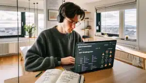 Norwegian professional studying an online course at a home desk in oslo