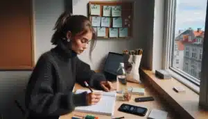 Norwegian student planning exam prep with timer flashcards and checklist