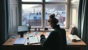 Norwegian student planning study week with calendar smart goals and pomodoro timer