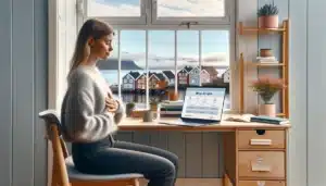 Norwegian woman practicing breathing with an online stress management course at home