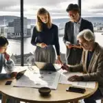 Team in oslo office comparing course providers with matrix and kpi dashboard