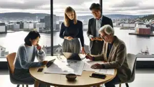 Team in oslo office comparing course providers with matrix and kpi dashboard