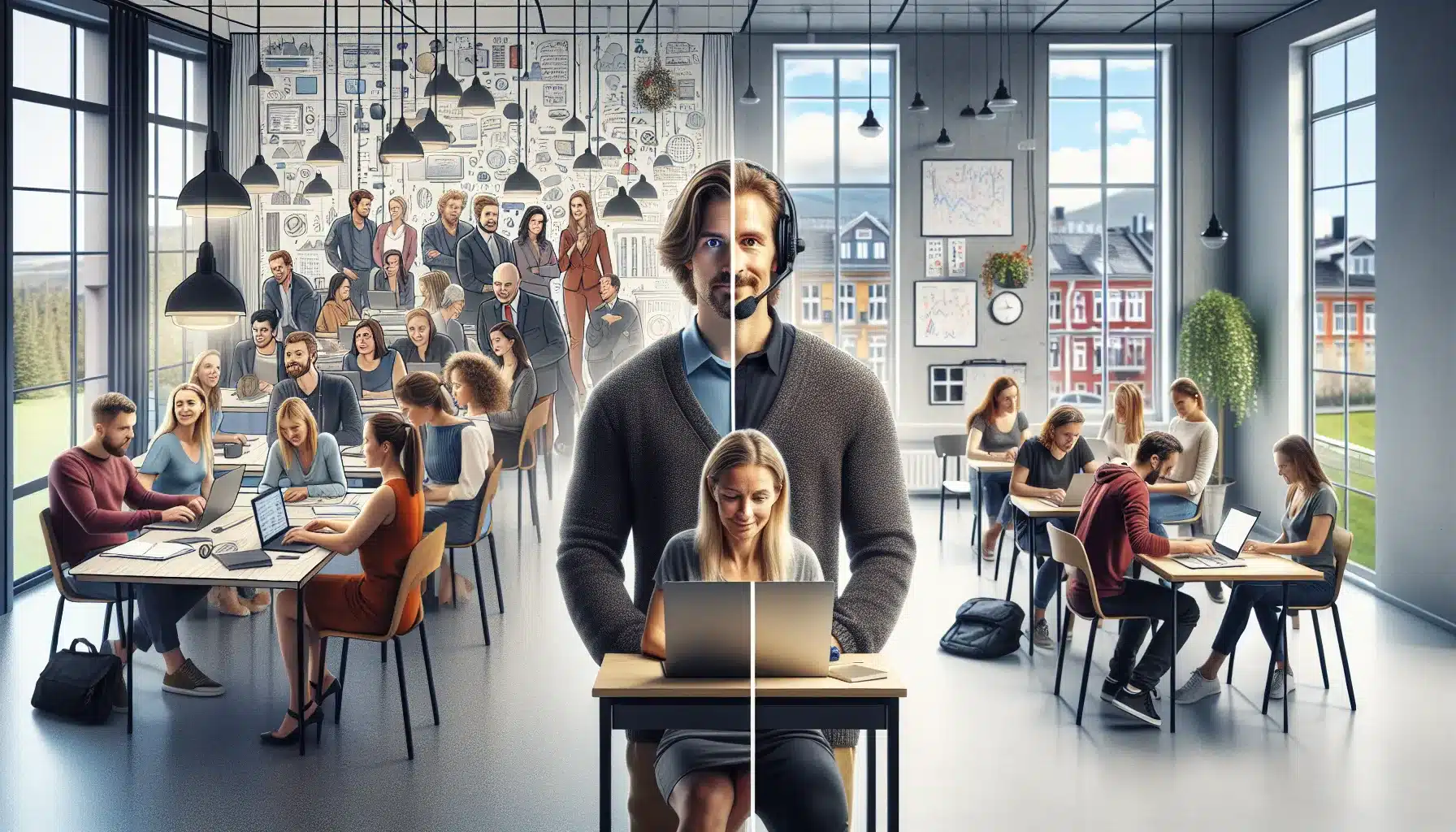 Adult learners in a norwegian classroom contrasted with a woman studying online at home