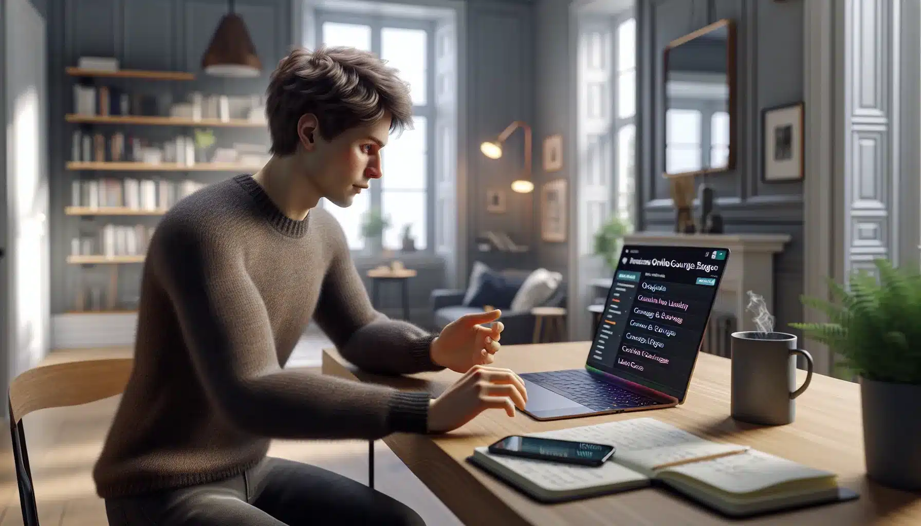 Norwegian adult browsing diverse online courses on a laptop in a modern home office