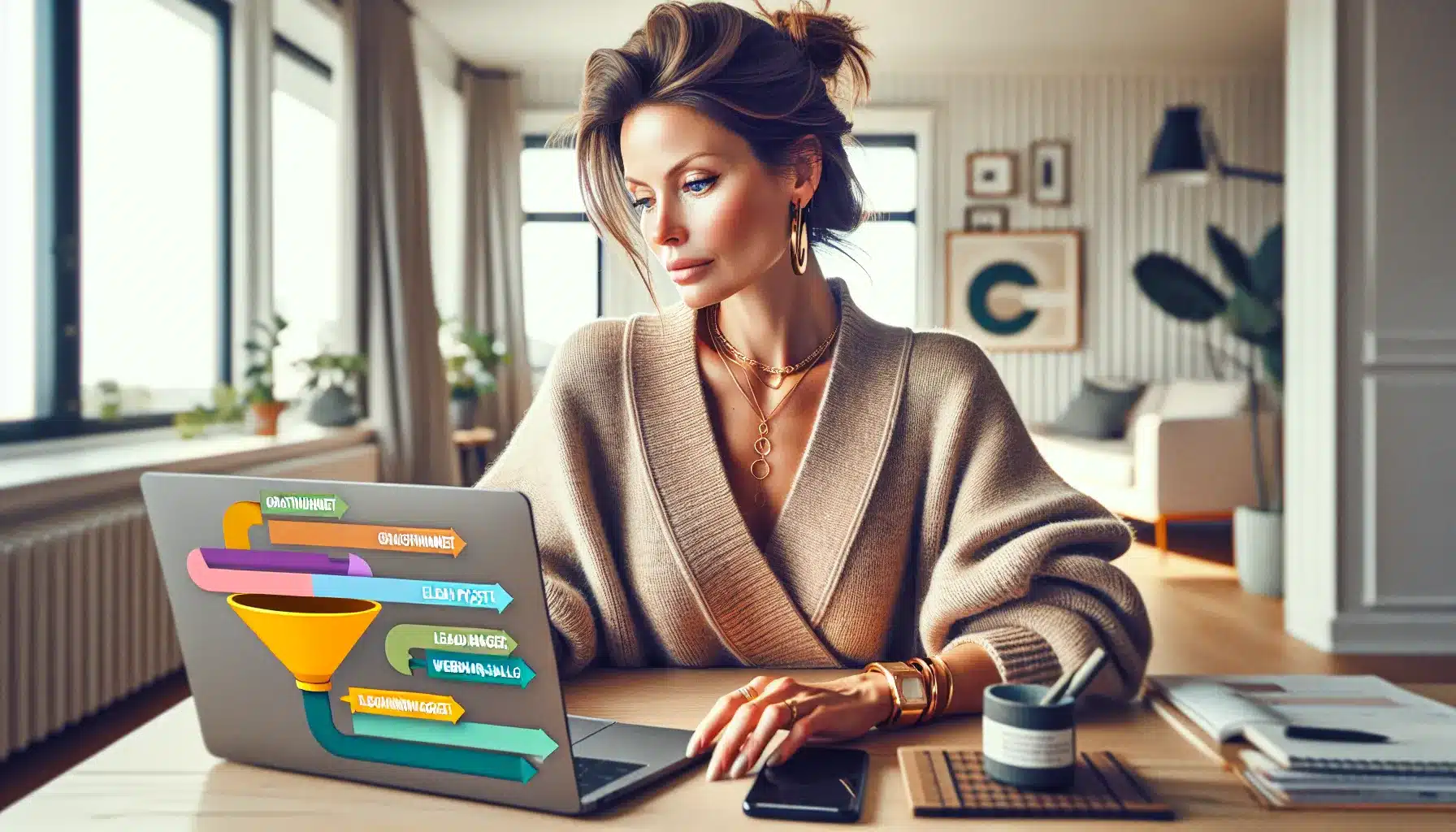 Norwegian course creator planning strategic free content funnel on laptop at home desk