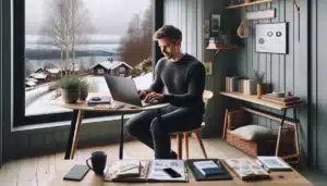 Norwegian entrepreneur planning and creating a profitable online course at home office