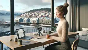 Norwegian influencer filming a sponsored video promoting an online course at home