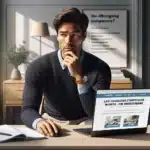 Norwegian office worker evaluating an expensive online course and roi checklist at his desk