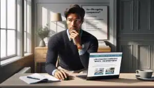 Norwegian office worker evaluating an expensive online course and roi checklist at his desk