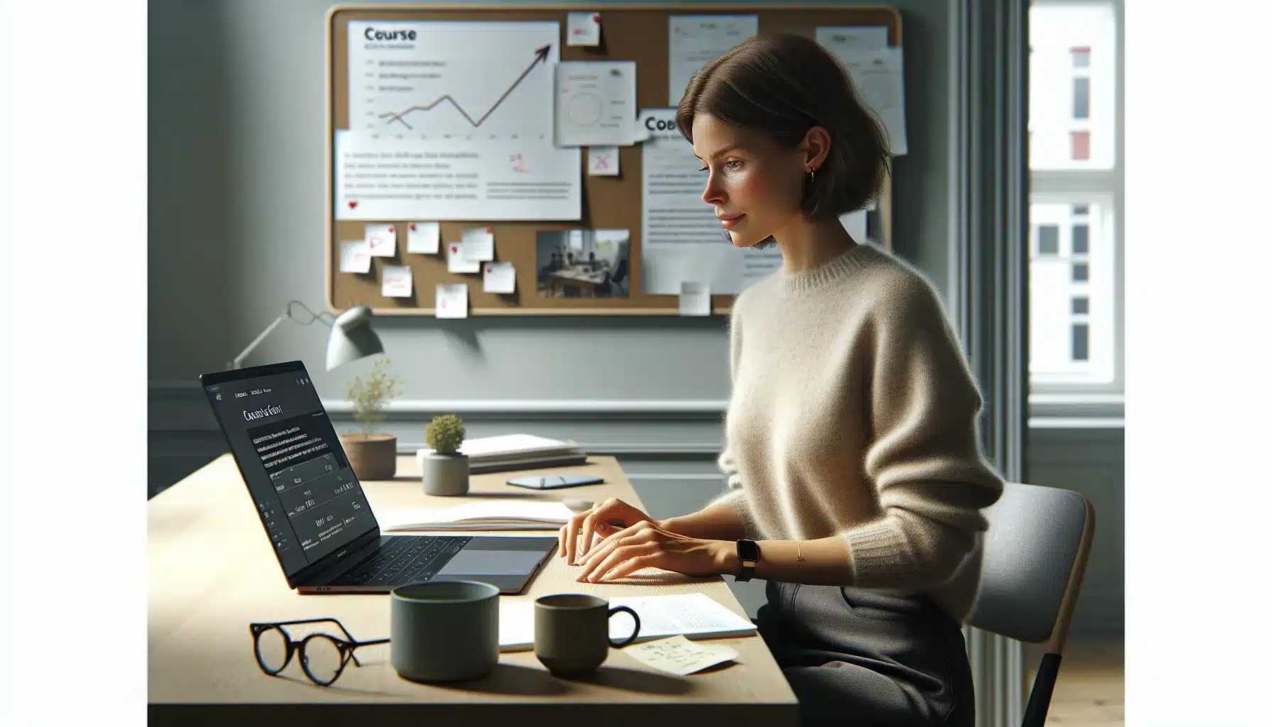 Norwegian professional writes engaging course description at laptop in bright modern office