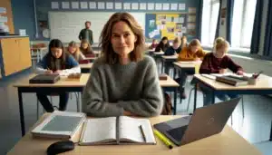 Norwegian teacher studying on a laptop while supervising pupils in a modern classroom