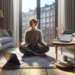 Norwegian woman practicing online stress management course in a calm living room