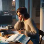 Norwegian woman studying at home at night planning to finish further education