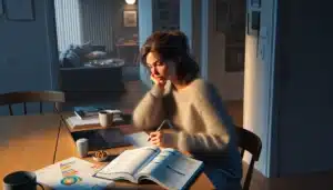 Norwegian woman studying at home at night planning to finish further education