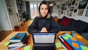 Norwegian woman studying at home planning a career change through further education