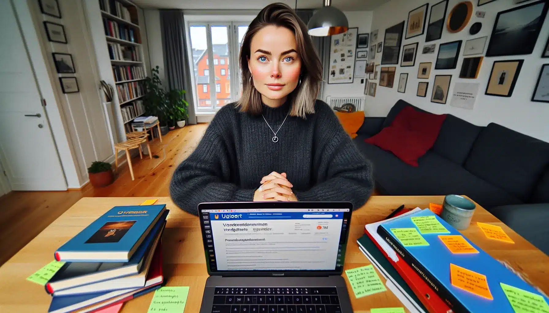 Norwegian woman studying at home planning a career change through further education