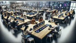 Students and teacher in a modern norwegian classroom using ai and vr learning tools