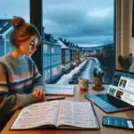 Young adult in norway studying for an important test with an online course