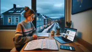 Young adult in norway studying for an important test with an online course