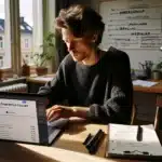 Young norwegian creating an online course at home with simple gear and laptop