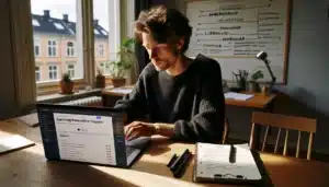 Young norwegian creating an online course at home with simple gear and laptop