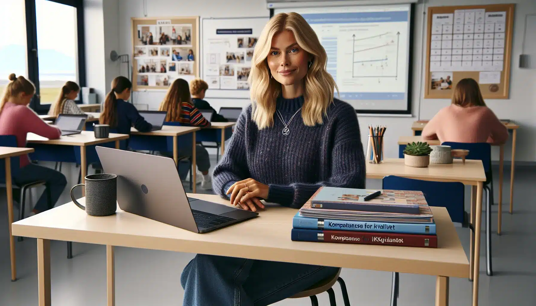 Videreutdanning for lærere: hva er de beste alternativene? 2 Norwegian teacher studying further education online in a diverse, modern classroom.