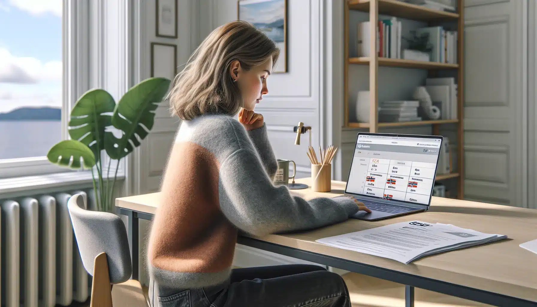 Young adult in norway evaluating an online course and documents for an important test.