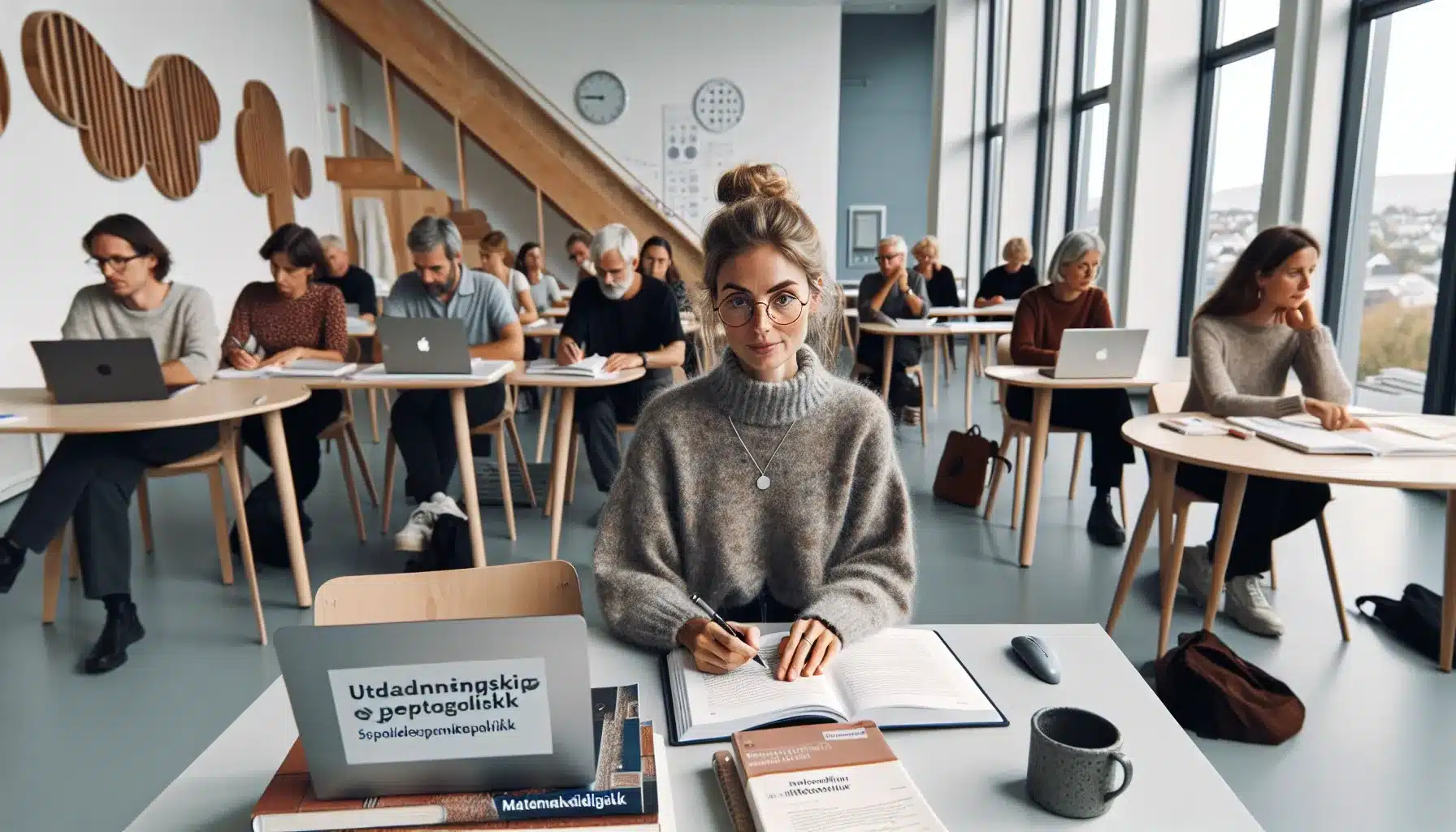 Videreutdanning for lærere: hva er de beste alternativene? 3 Norwegian teacher studies master-level education materials in a modern university seminar room.