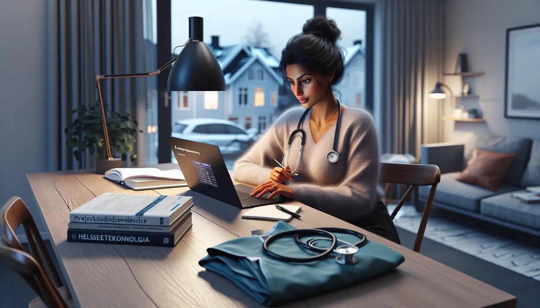 Norwegian woman studying online at night, bridging nursing background to new career.