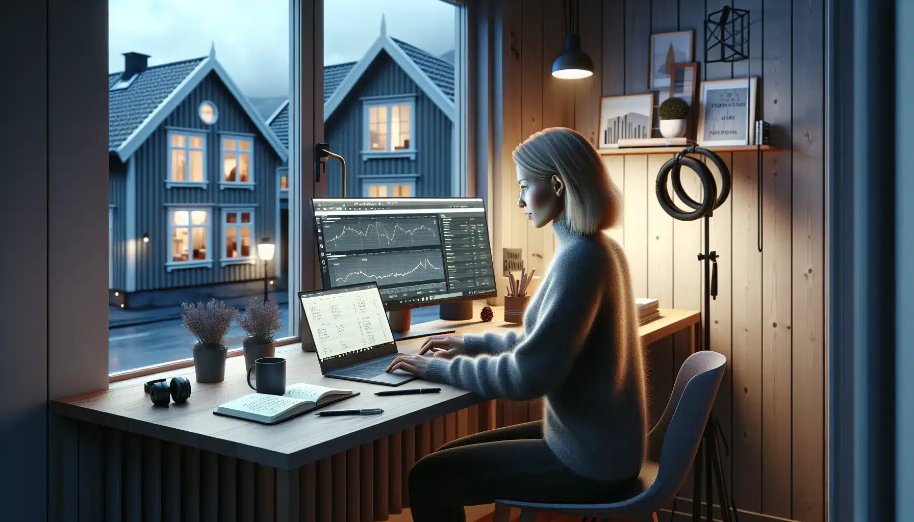 Norwegian course creator building an online course at home, tracking income on screen.